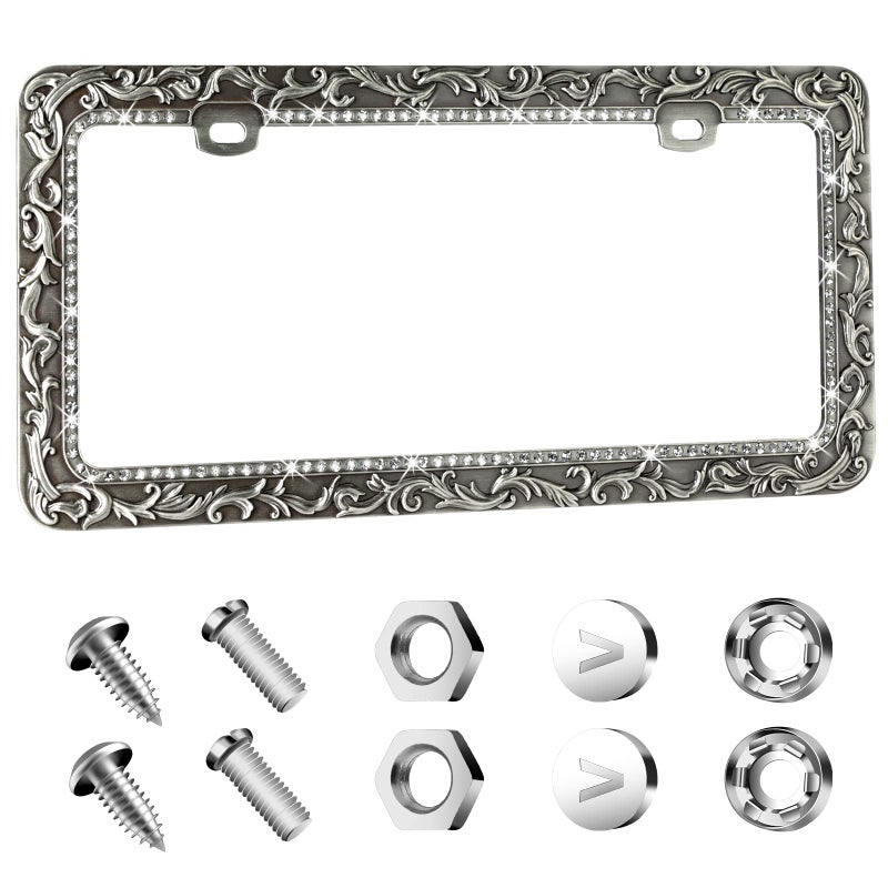 Valor Gel Metal Car License Plate Frames,Antique Old Pattern Printing, Bling Crystal Rhinestones Inlaid,Universal 2 Holes Automotive Replacement Parts Plate Holder(1 Pack) - Image 1
